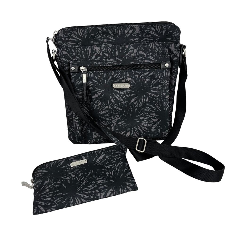 Baggallini Go Bagg Crossbody Bag and RFID Phone Wristlet Midnight Blossom Black